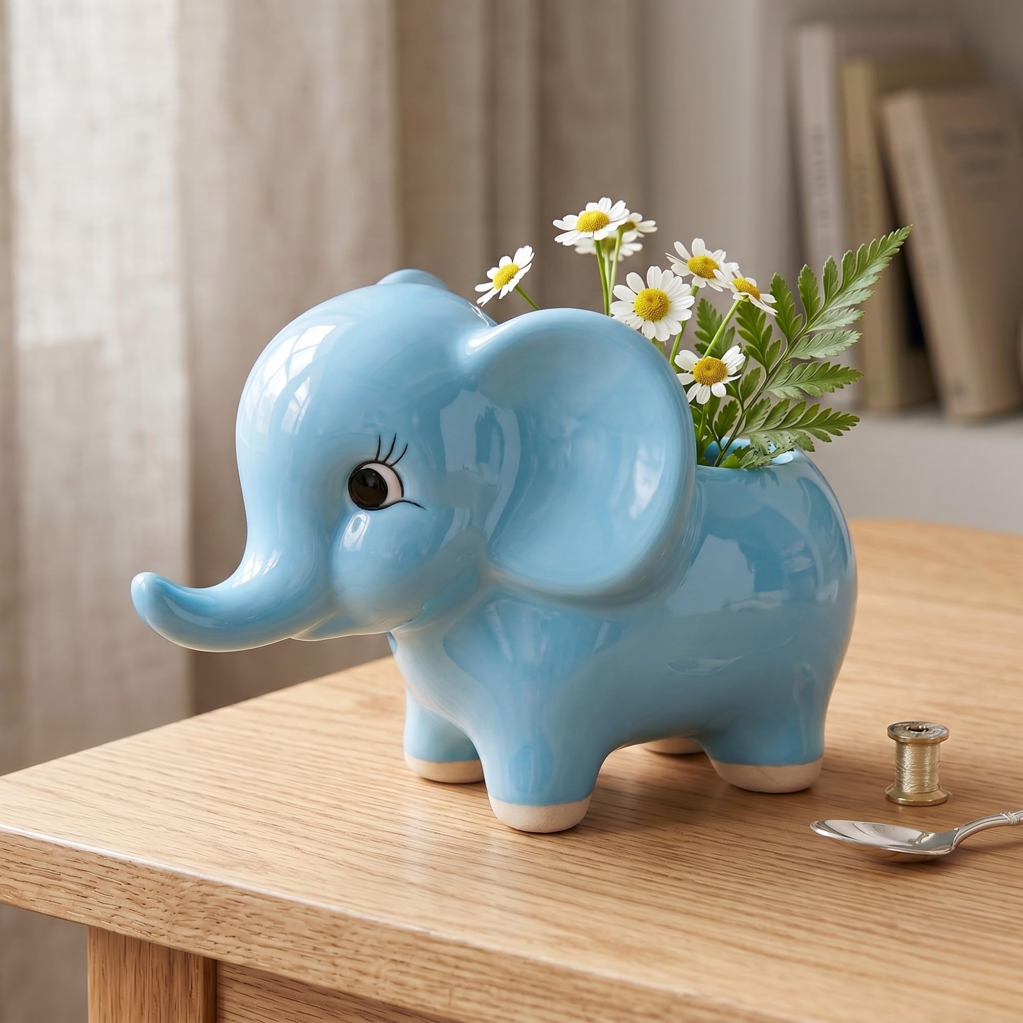 HANDECORA Cute Sky Blue Elephant Ceramic Succulent Planter - Mini